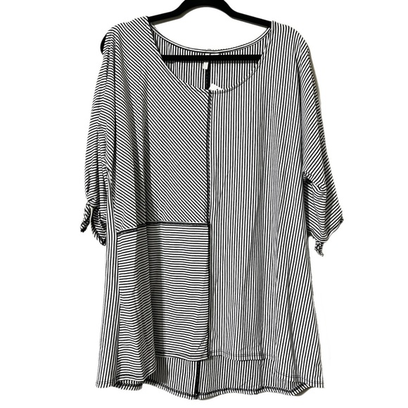 Cato size XL women’s hi low tunic 3/4 sleeves black white striped stretchy comfy - Picture 1 of 12